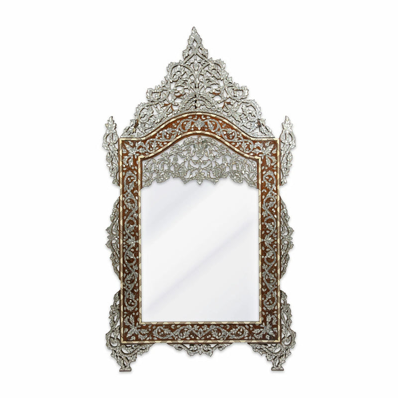 Traditional Walnut Wooden Syrian Mirror Inlaid With Mother of Pearls Camel Bone & Metallic Wiring in Ethnic Tals Method