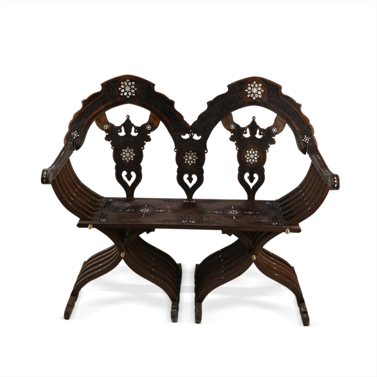 Traditionally Hand-Carved & Hand Inlaid Walnut Wooden Double Seater Syrian Chair