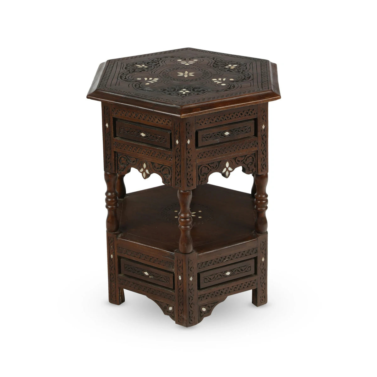 Hand-Carved & Mother of Pearl Inlaid Double Tiered Mediterranean Coffee Table