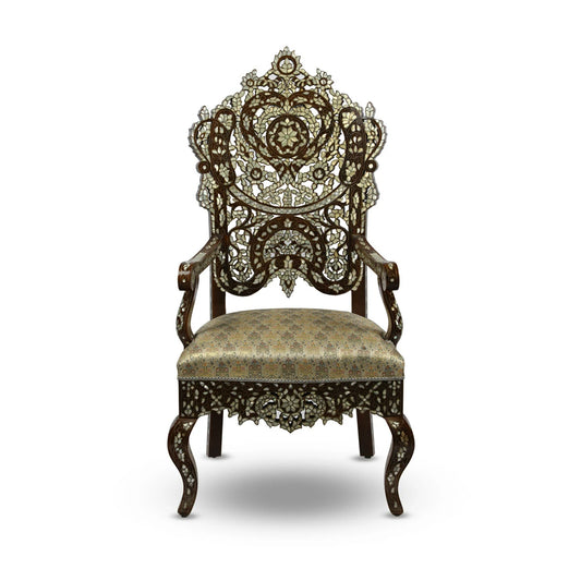 Early 20th Century Ottoman Style Luxury Armchair Handmade from Walnut Wood Inlaid With Mother of Pearls