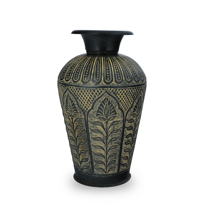 Huge Outdoor Vintage Brass Metal Vase/ Planter Jar Engraved with Primitive Tribal Patterns