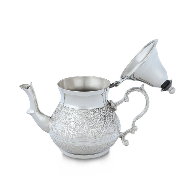 Side View of Engraved Brass Tea Kettle Silver with Open Lids