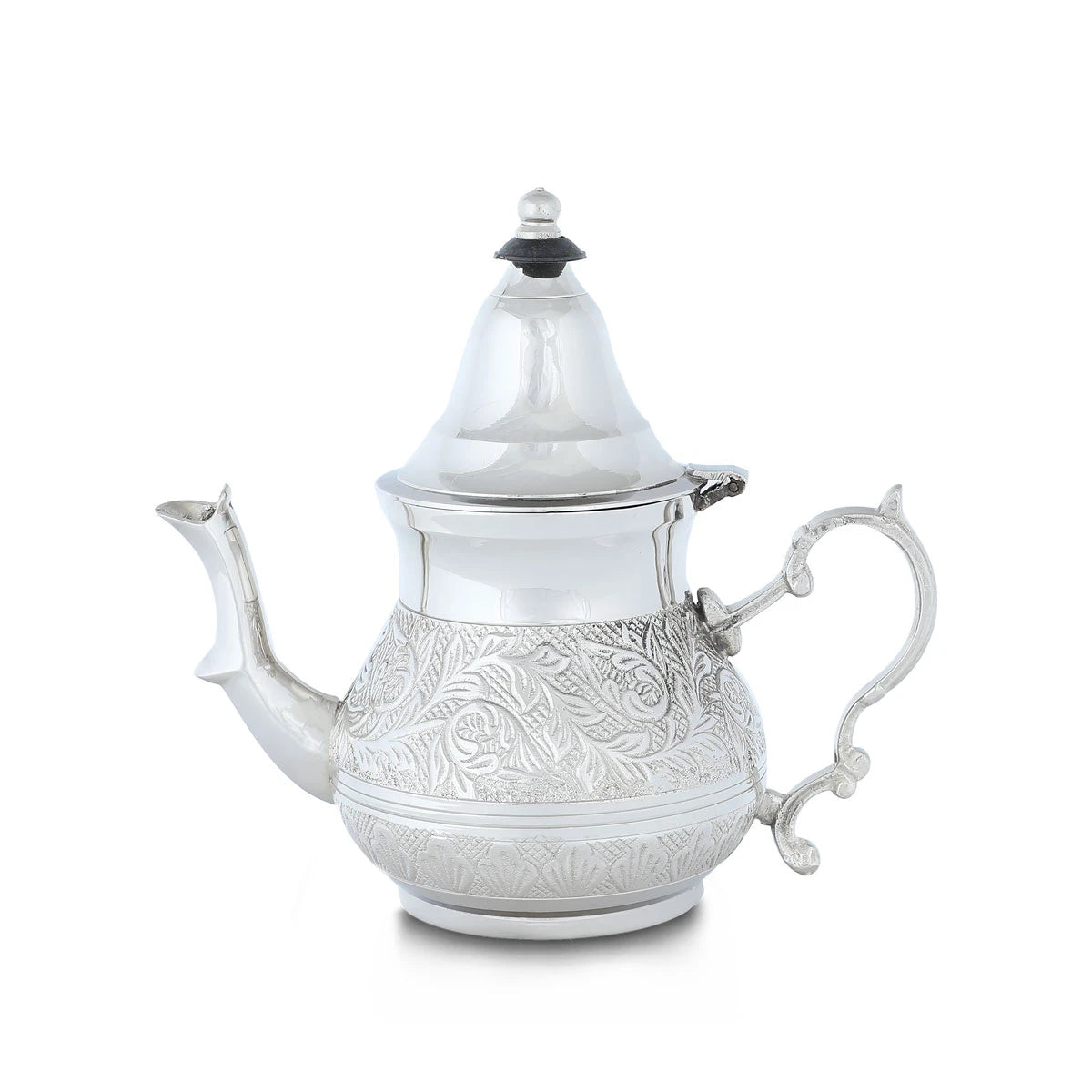 Side View of Engraved Brass Tea Kettle Silver