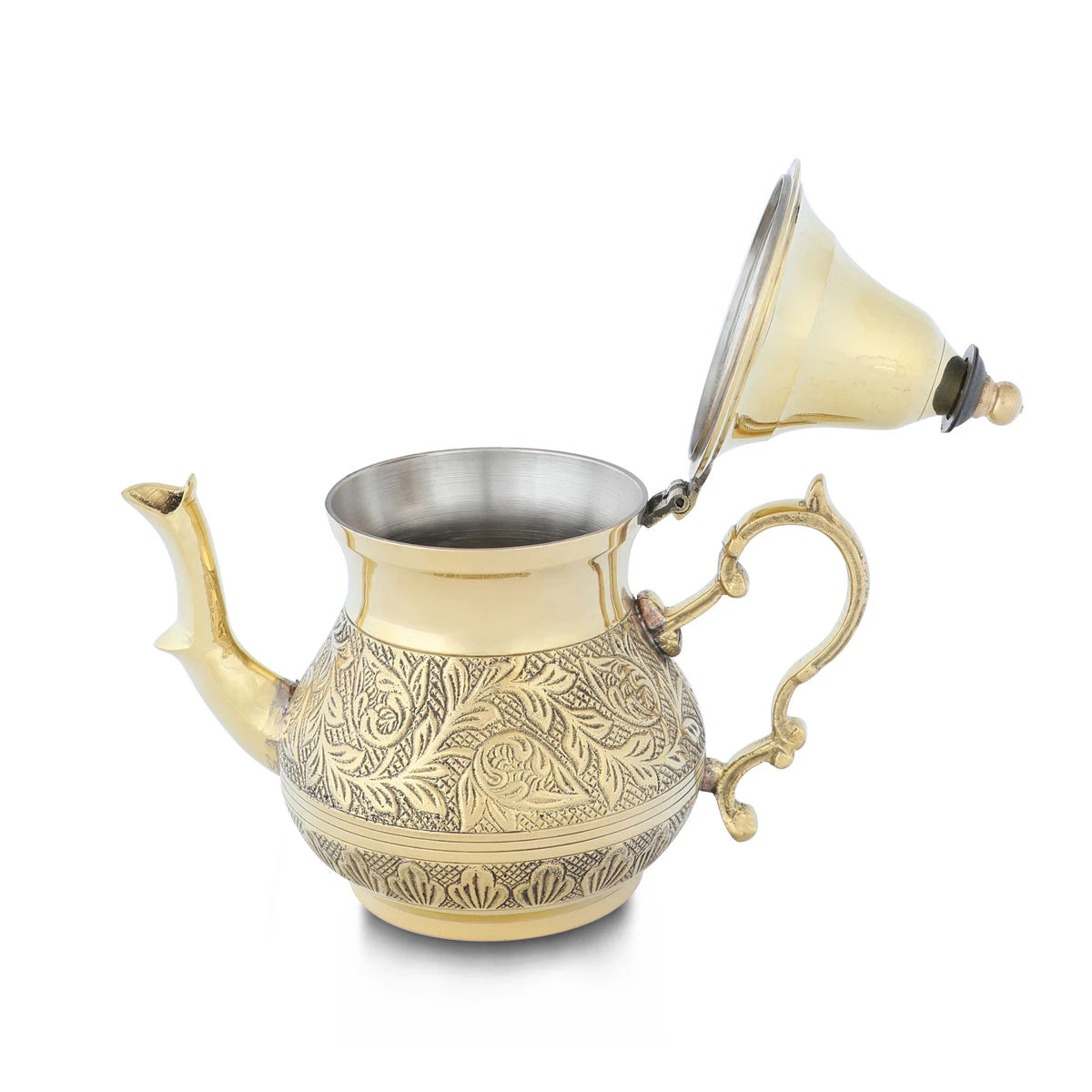 Side View of Engraved Brass Tea Kettle Gold