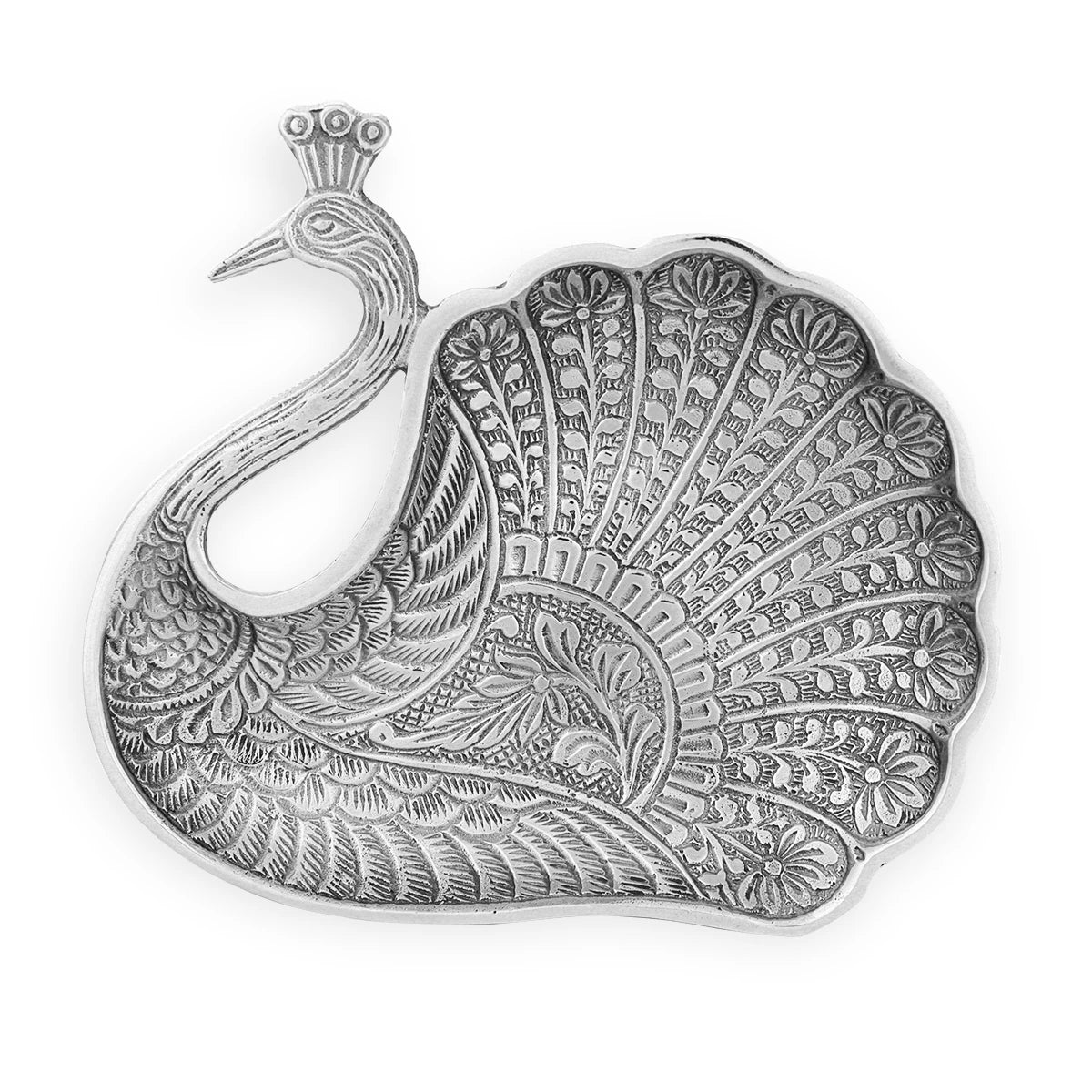 Peacock Shaped Serving Platter Handmade From Brass Metal With Handmade Floristic Engravings