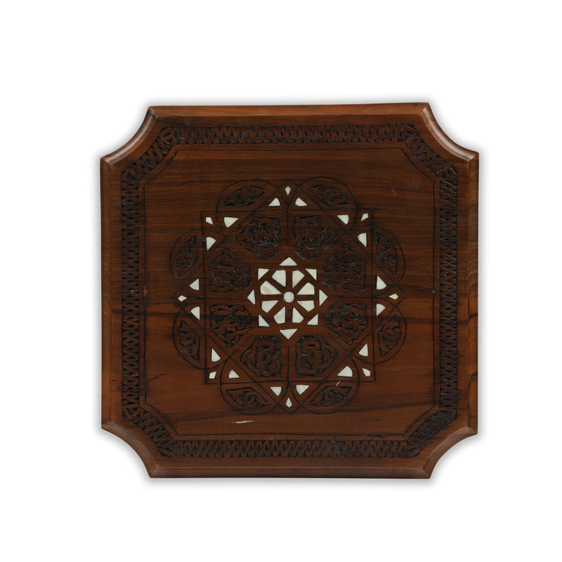 Hand-Carved Side/ End Table Top with Mother of Pearl Inlays in Traditional Moorish Star Motifs