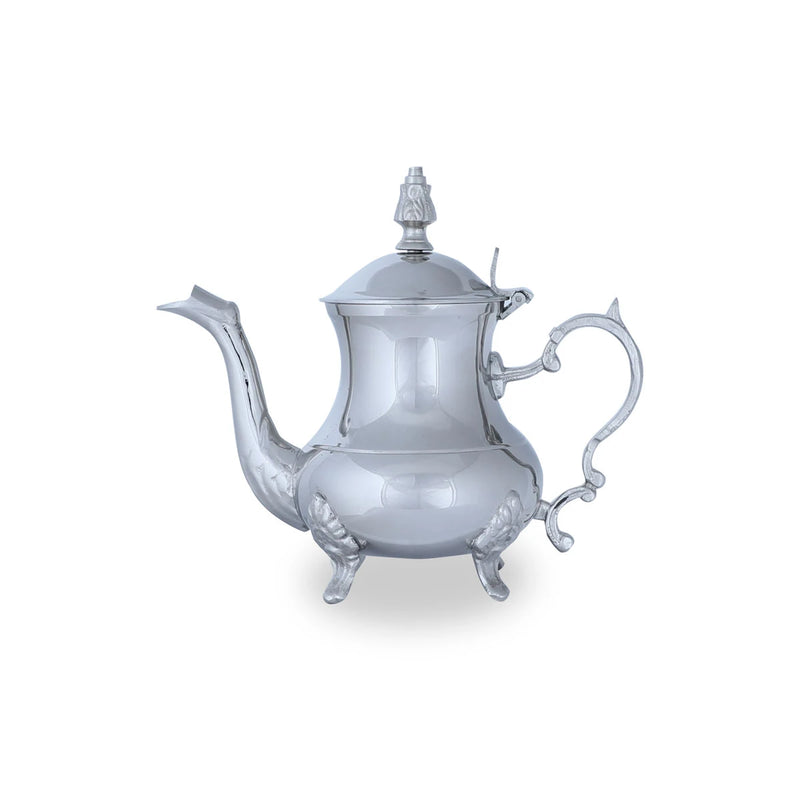 Plain Glossy Silver Color Moroccan Accent Teapot with Engraved Knobs & Welded Legs