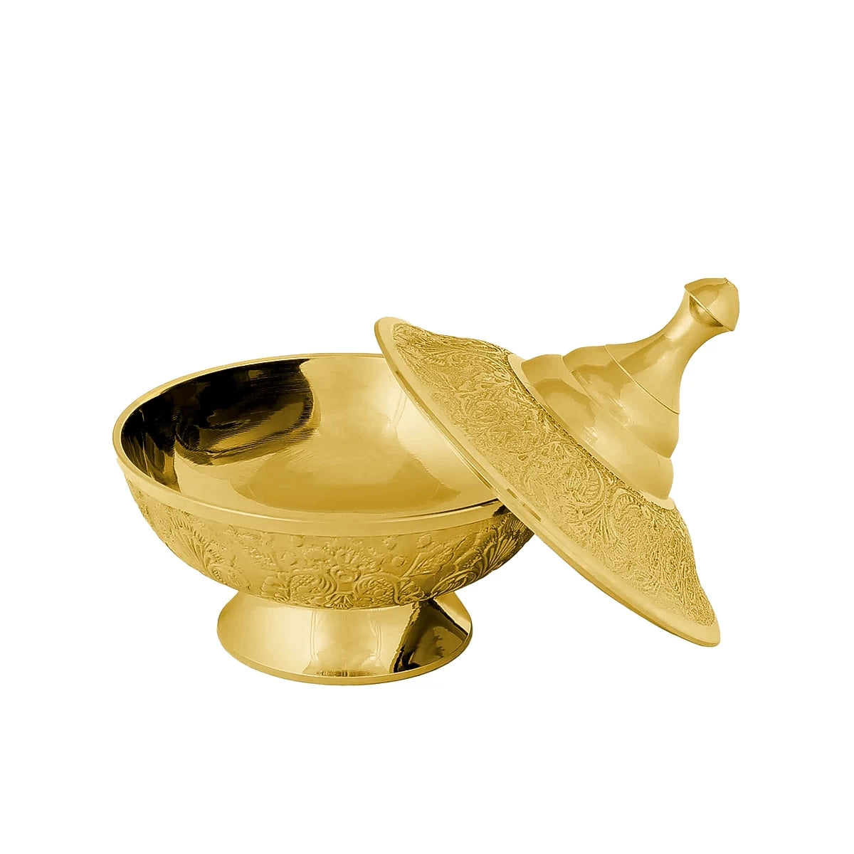 Flat View of Gold Colred Floral Decor Brass Metal Bowl with Open Lids