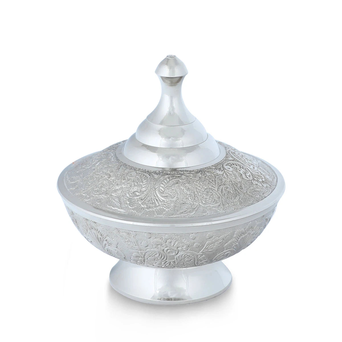 Front View of Floral Decor Silver Colored Brass Metal Bowl 