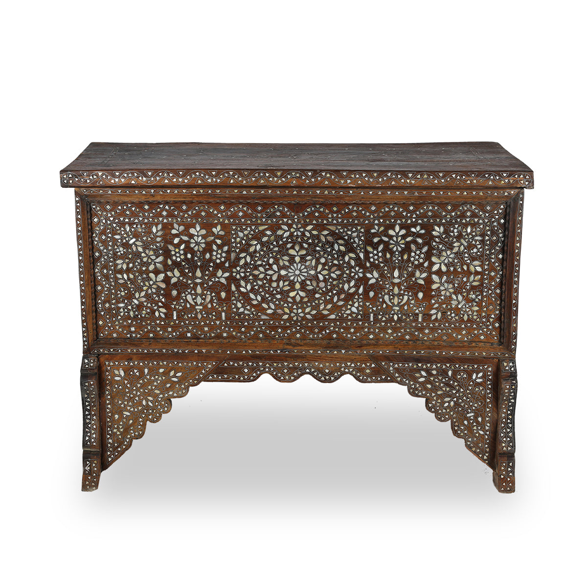 Front View of Mother of Pearl Inlaid Floral Design Console