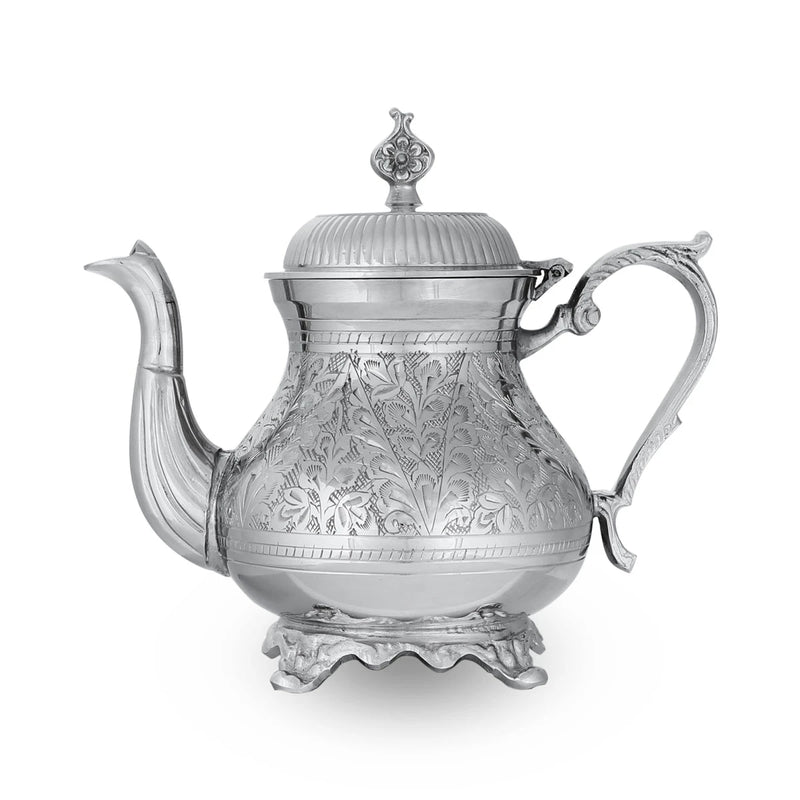 Side View of Floral Pattern Engraved Brass Teapot