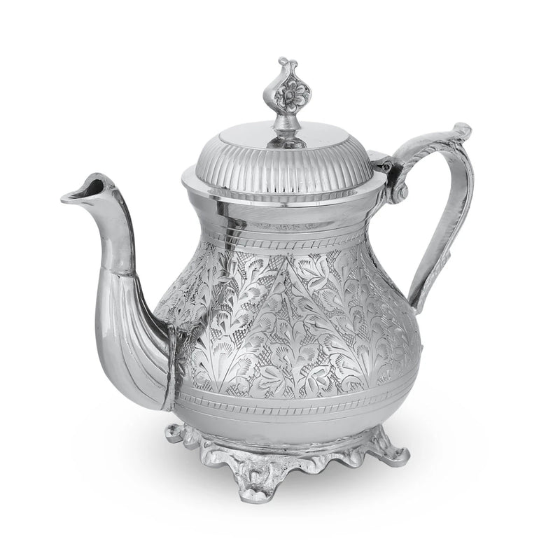 Handmade & Floral Motif Engraved Glossy Silver Color Brass Teapot