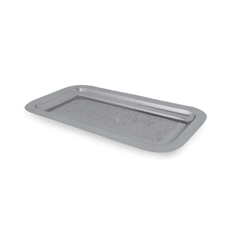 Side Angled View of Floral Patterned Rectangular Silver Color Serving Tray