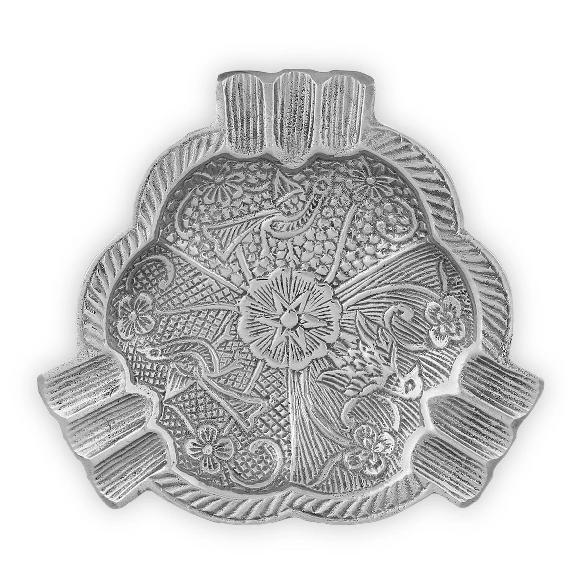 Top View of Flowery Engraved Silver Colored Brass Metal Ashtray
