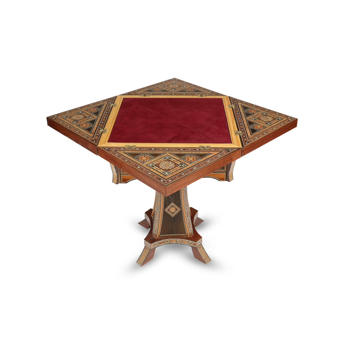 Side Angled View of Foldable Gaming Mosaic Patterned Marquetry Inlaid Table With Open Red Velvet Card Deck