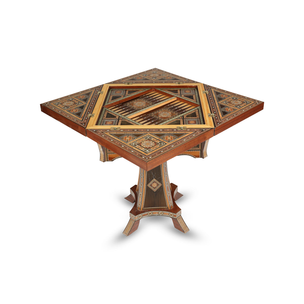 Side Angled View of Foldable Gaming Mosaic Patterned Marquetry Inlaid Table With Open Backgammon Game Board
