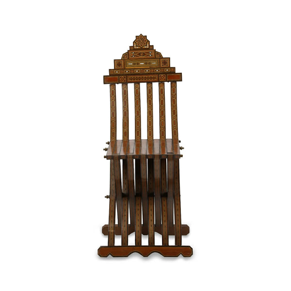 Front View of Foldable Arabian Flat Top Marquetry Inlaid Wooden Chair