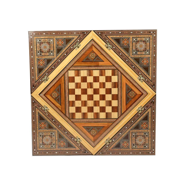 Top View of Foldable Gaming Mosaic Table Showcasing the Chess Board with Marquetry Inlays