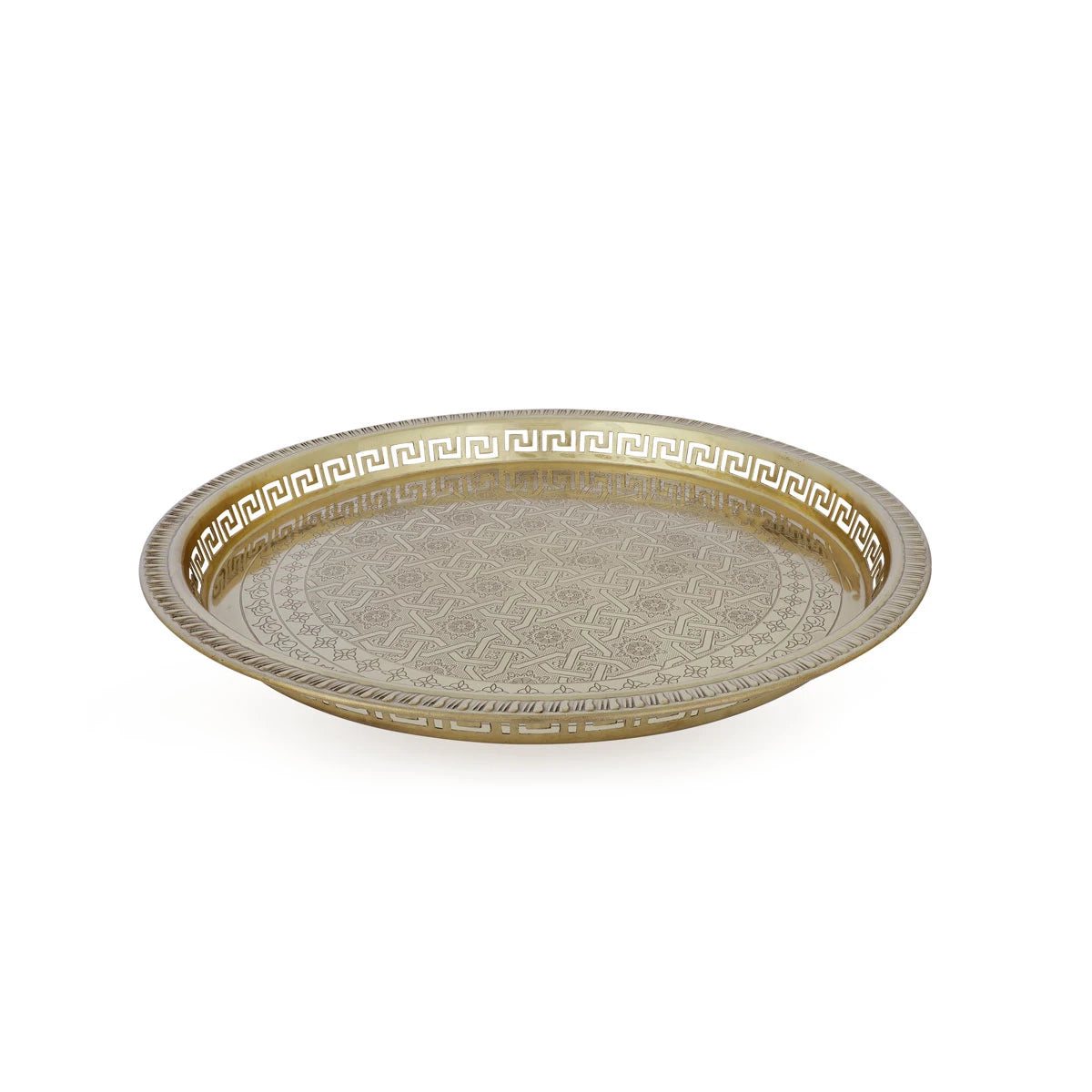Angled Top View of Fretted Golden Color Brass Metal  Engraved Tray