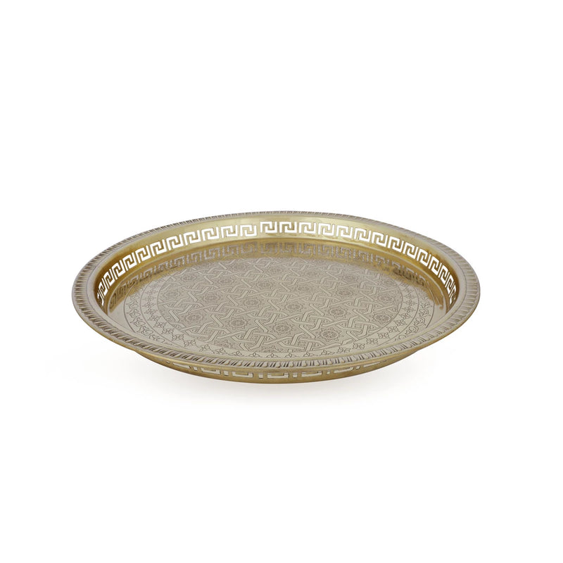 Angled Top View of Fretted Golden Color Brass Metal  Engraved Tray