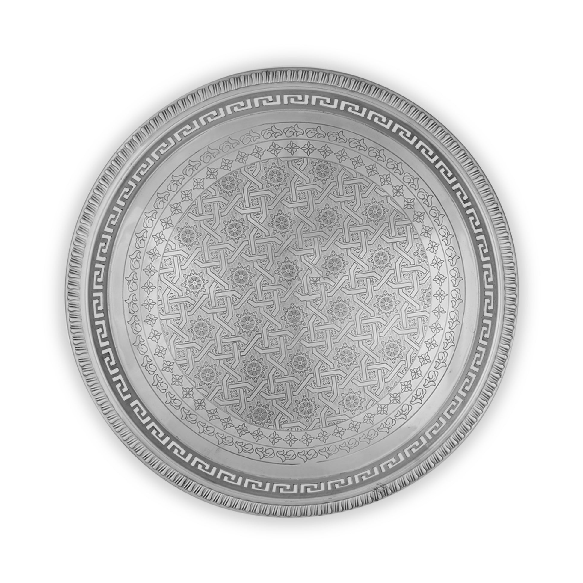 Hand-crafted & Moorish Motifs Engraved Brass Tray in Polished Silver Finish