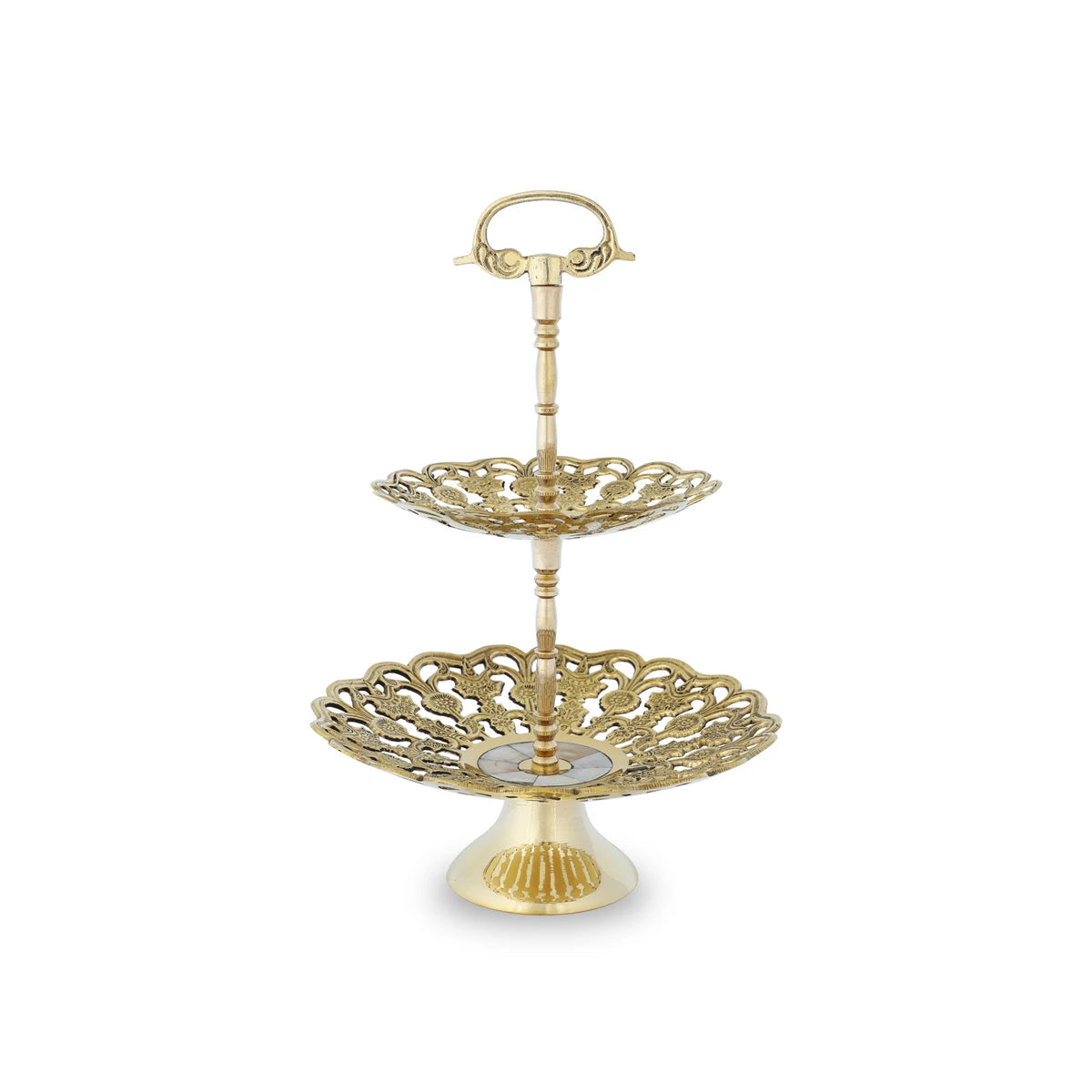 Side View of Two Tired Gold Color Hollow Cutwork Brass Metal Tray
