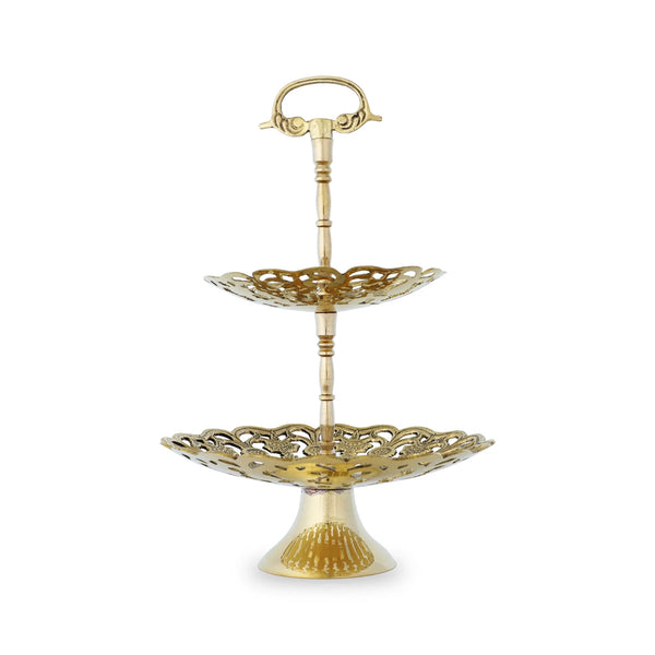 Decorative Gold Colored 2-Tier Brass Fruit Stand with Banana Hooks