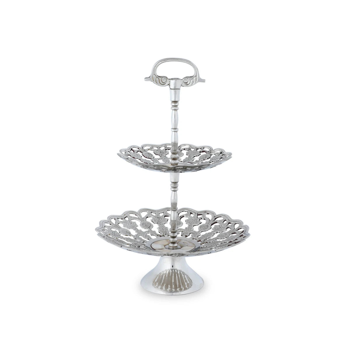 Decorative Pedestal Base Glossy Silver Colored Metallic 2-Tier Fruit Stand with Banana Hooks