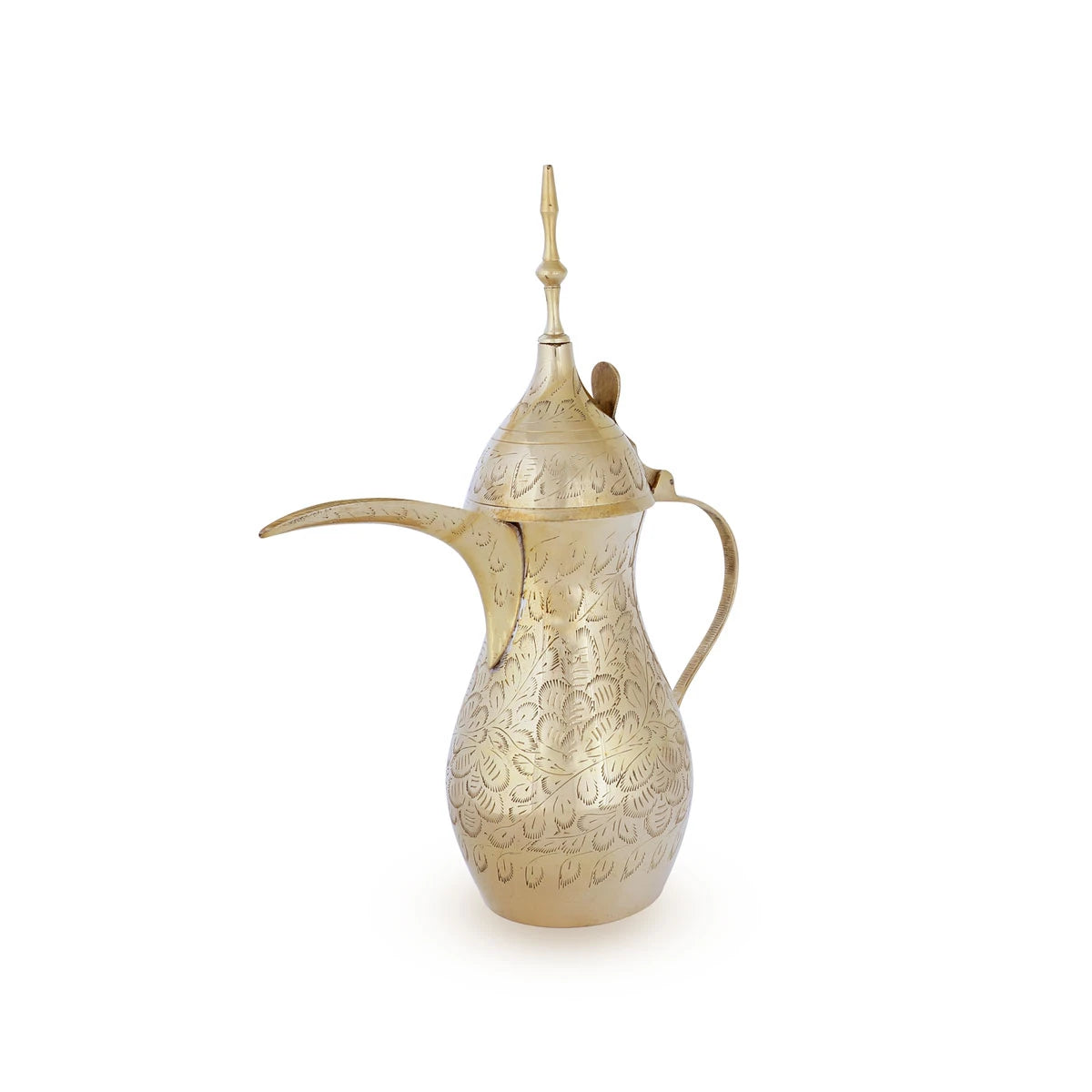 Angled View of Gold Colored Gil Brass Dallah Coffee Pot