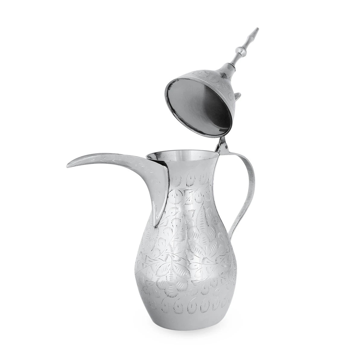 Side Angled View of Silver Colored Brass Metal Dallah Coffee Pot with Open Top