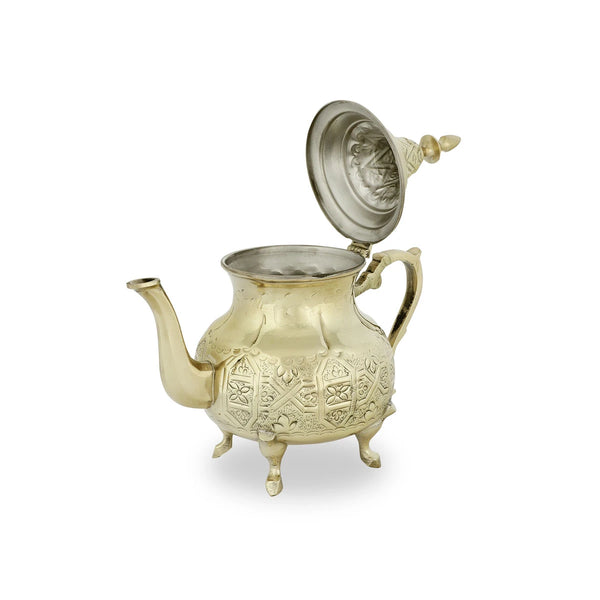 Angled Side View of Open Top Polished Brass Metal Teapot with Floral Engravings