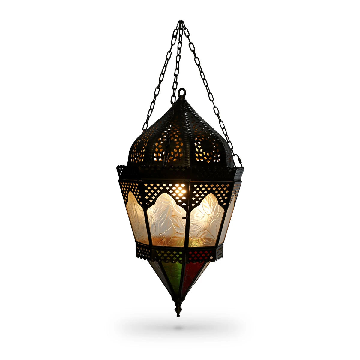 Front View of Glass Pendant Lamp with Lights On