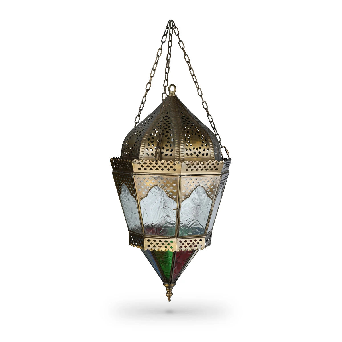 Front View of Glass Pendant Lamp Showcasing Multicolor Glass and Open Cutwork