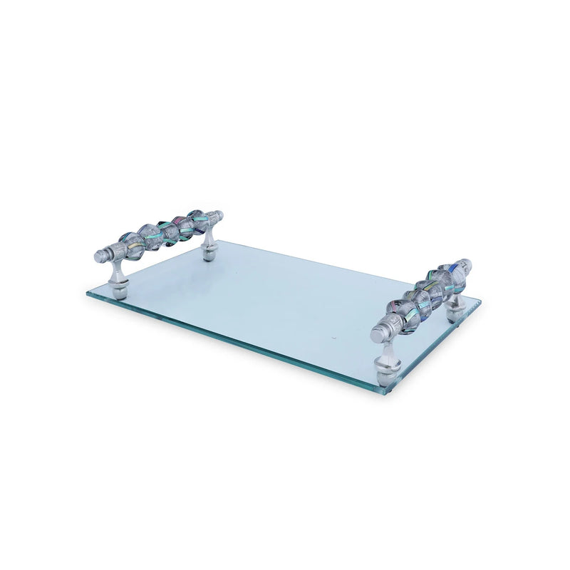 Angled View of Glass Tray with Turquoise Colored Beaded Handles