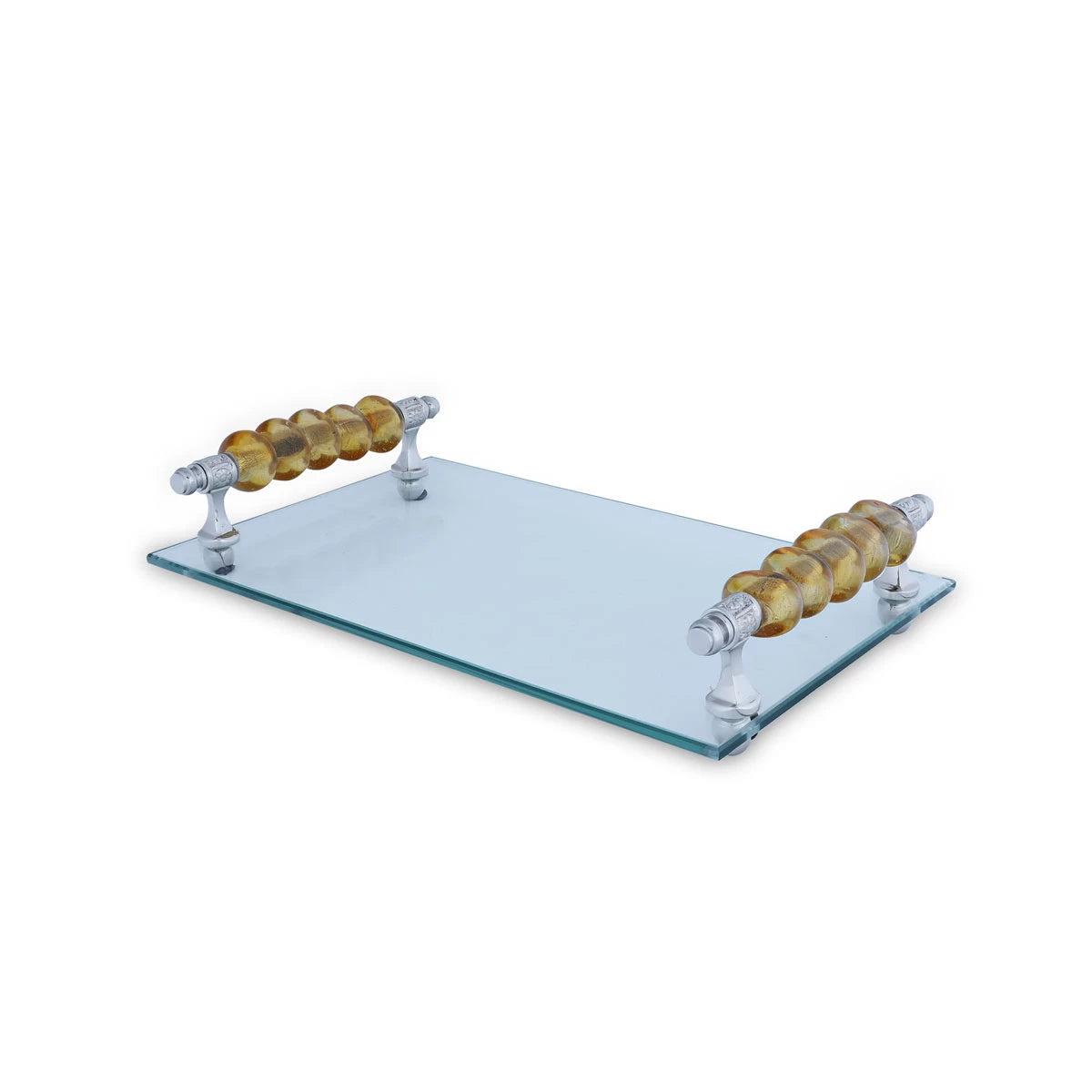 Angled View of Glass Tray with Yellow Colored Beaded Handles