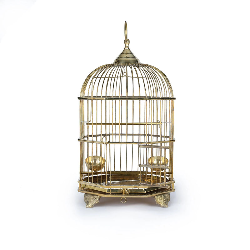 Front View of Gold Colored Brass Metal Bird Cage with Open Door