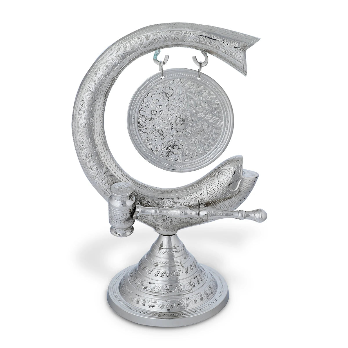 Front View of Glossy Silver Colored  Vintage finish Gong Fish Décor
