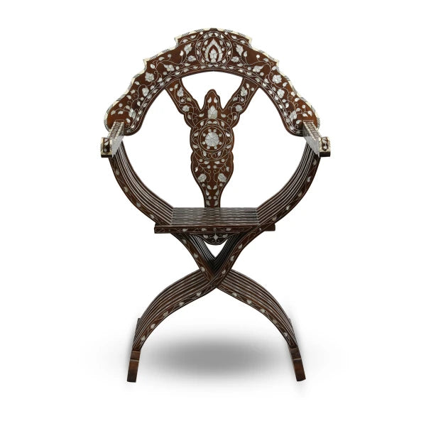 Front View of Gothic Legged Levantine Chair with Mother of Pearl Inlays