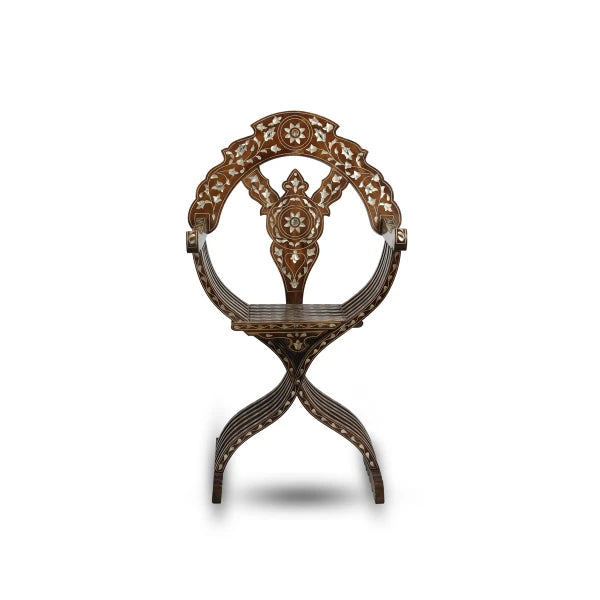 Front View of Gothic Legged Levantine Chair with Floristic Mother of Pearl Inlays