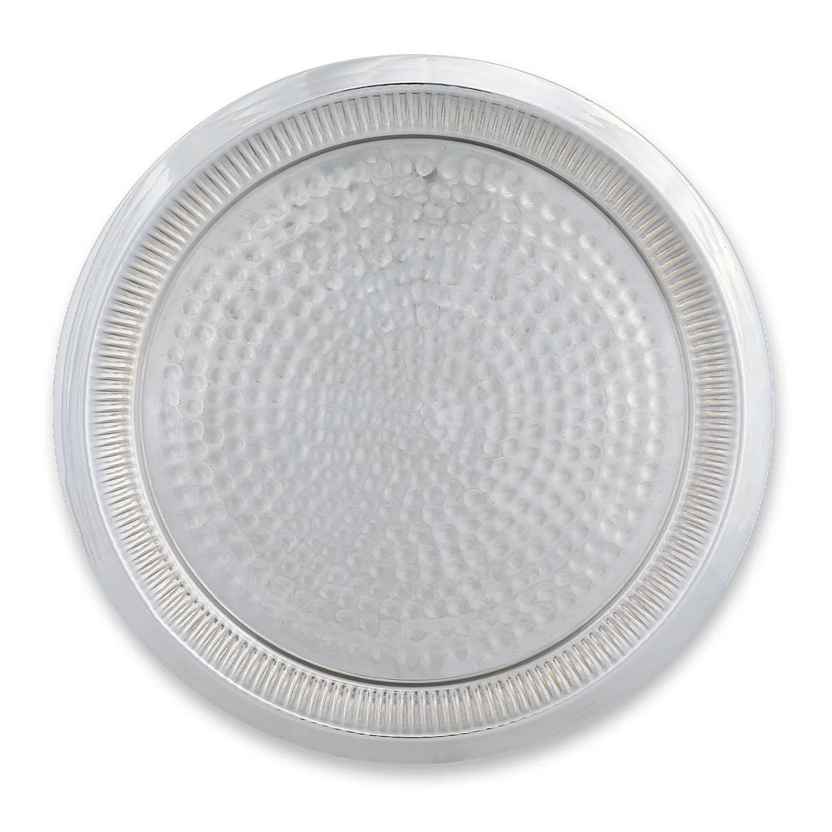 Top View of Glossy Silver Colored Brass Metal Round Plate with Hand-Hammered Texture