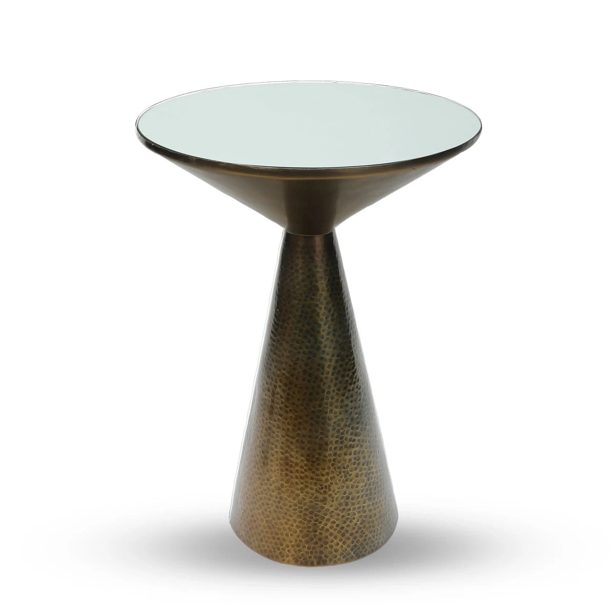 Top Angled View of Hand-Hammered Textured Brass Metal Table with Glass Top