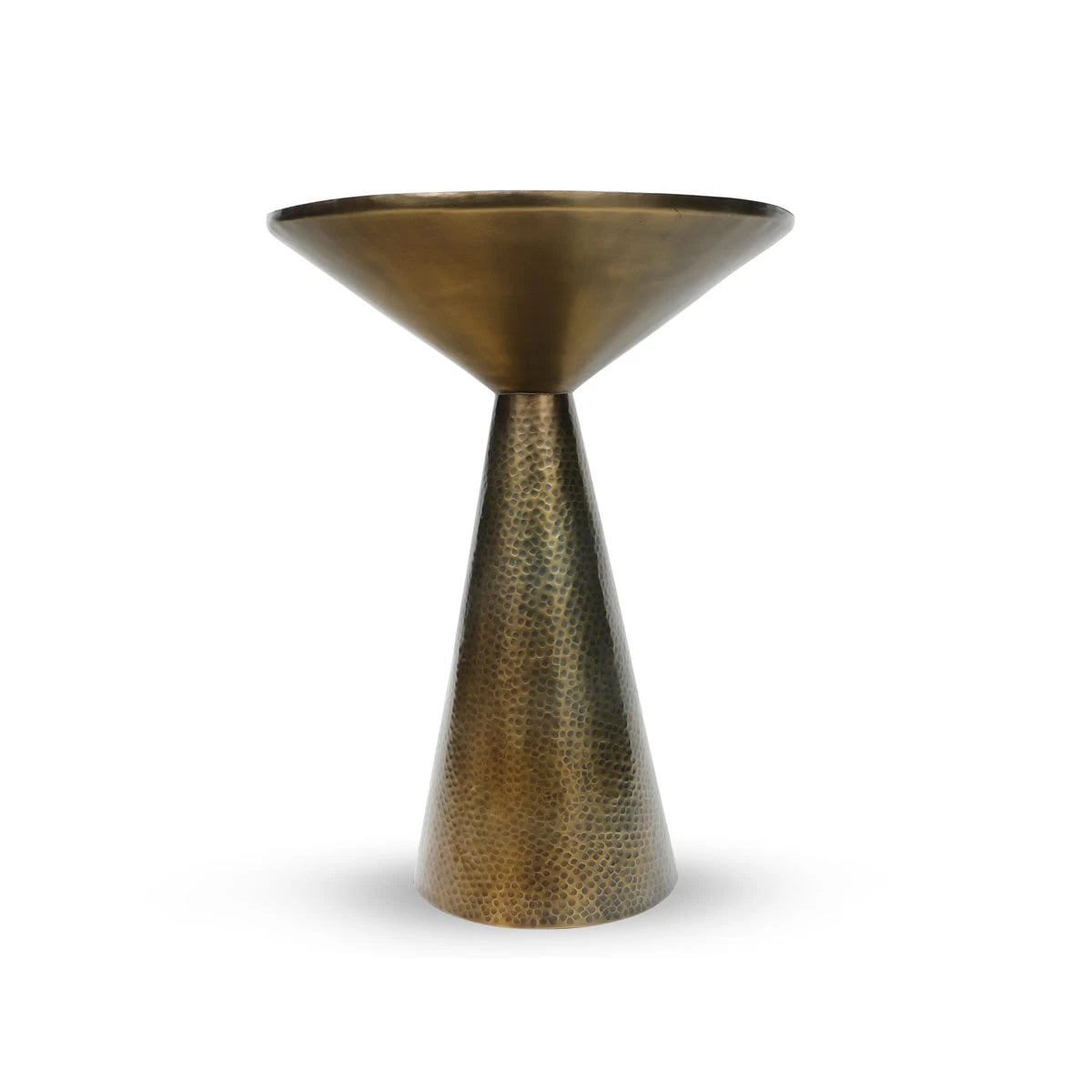 Front View of Hand-Hammered Textured Brass Metal Table with Glass Top