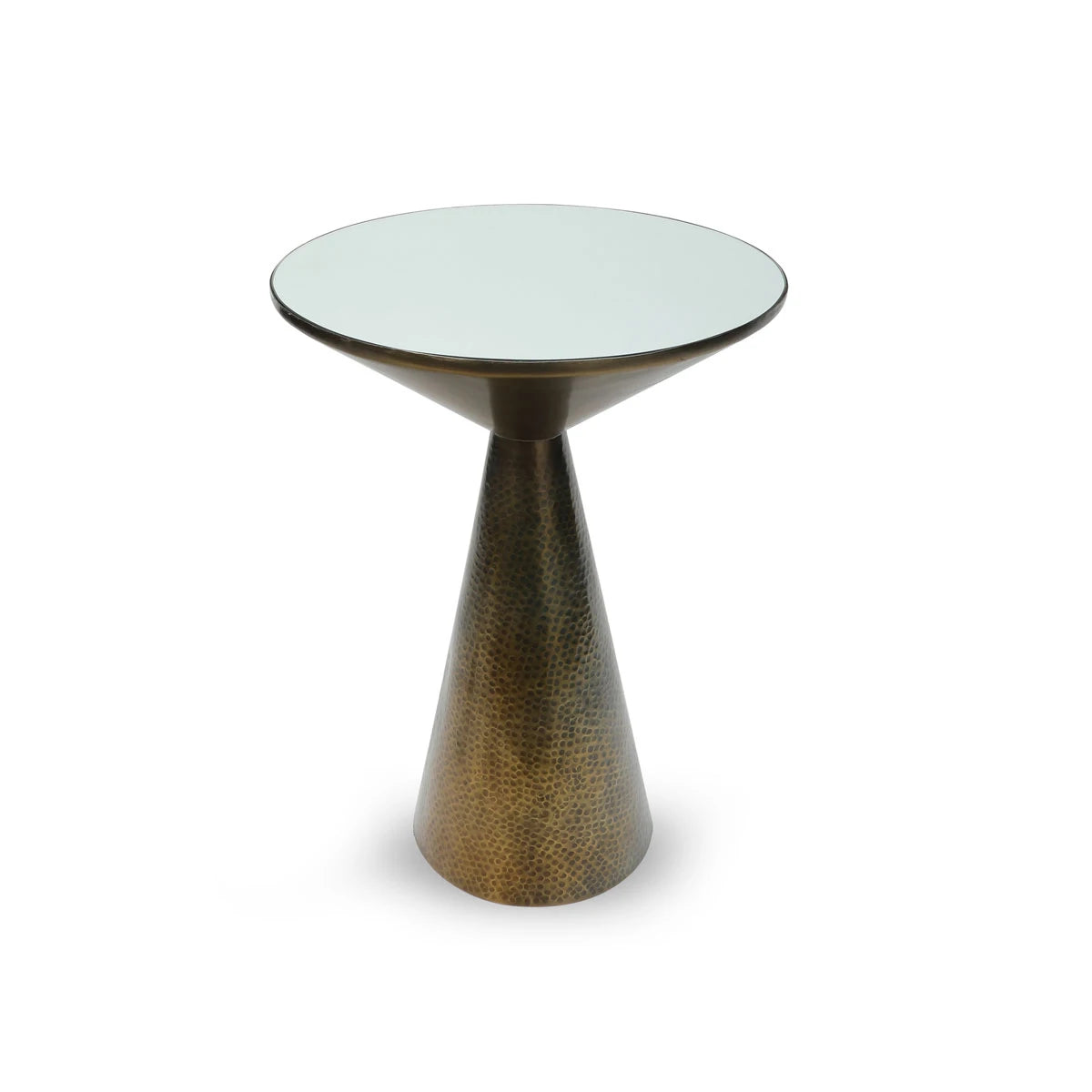 Top View of Hand-Hammered Textured Brass Metal Table with Glass Top