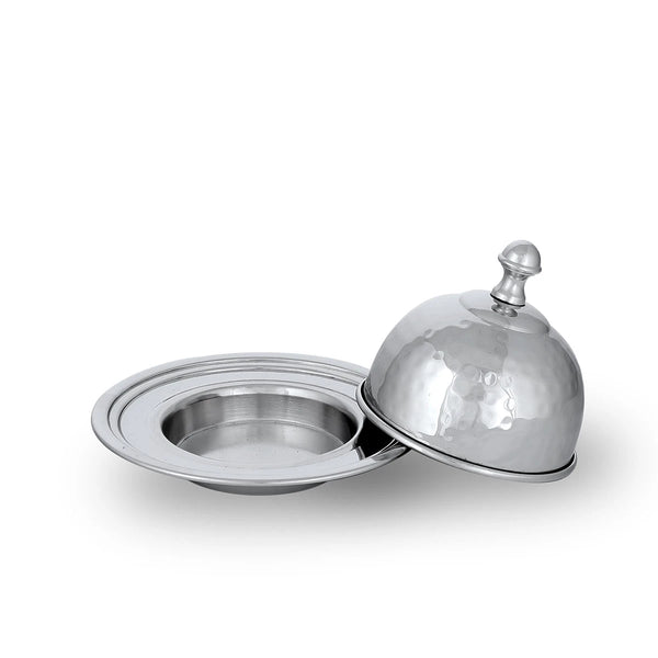 Top View of Glossy Silver Colored Hand-Hammered Brass Metal Tagine with Open Lids