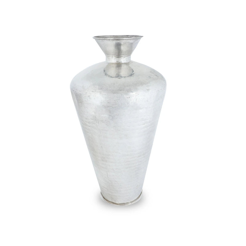 Front Angled View of Glossy Silver Brass Metal Vase with Hand-Hammered Texture