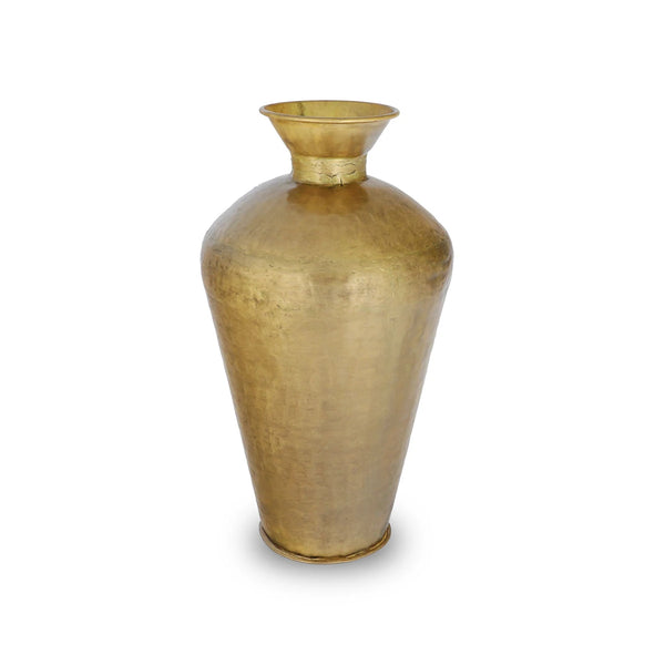Front Angled View of Brushed Textured Brass Metal Vase with Hand-Hammered Texture