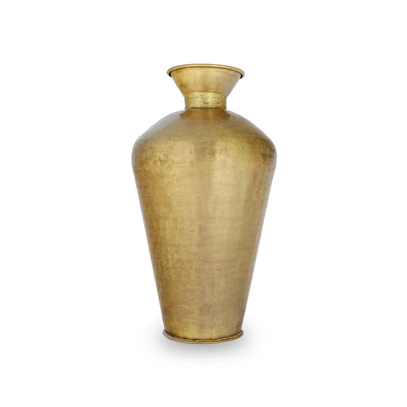 Front View of Brushed Textured Brass Metal Vase with Hand-Hammered Texture