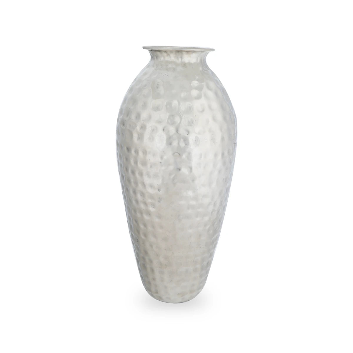 Front View of Glossy Silver Colored Hand-Hammered Texture Floor Vase Decor 