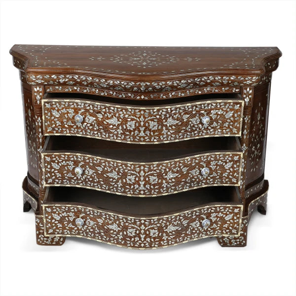 Front View of Hand-Crafted Mother of Pearl Inlaid Console with Open Storage Drawers