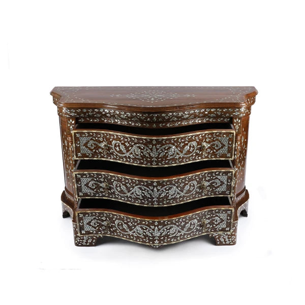 Front Angled View of Hand-Crafted Mother of Pearl Inlaid Console with Open Storage Drawers